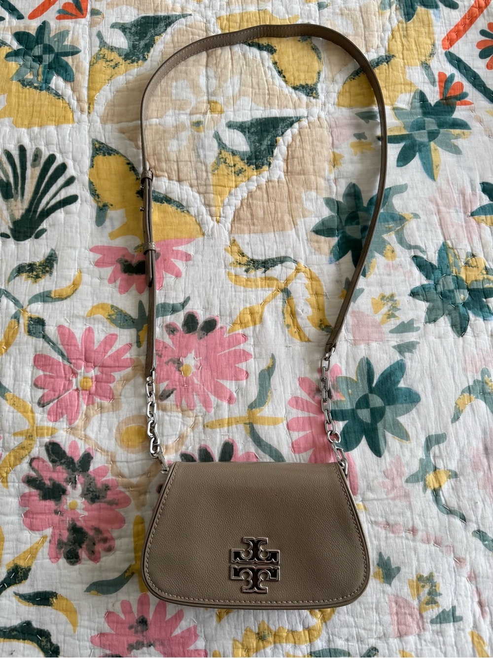 Tory Burch Britten Pebbled Shiny French Gray Leather Mini Crossbody with Logo